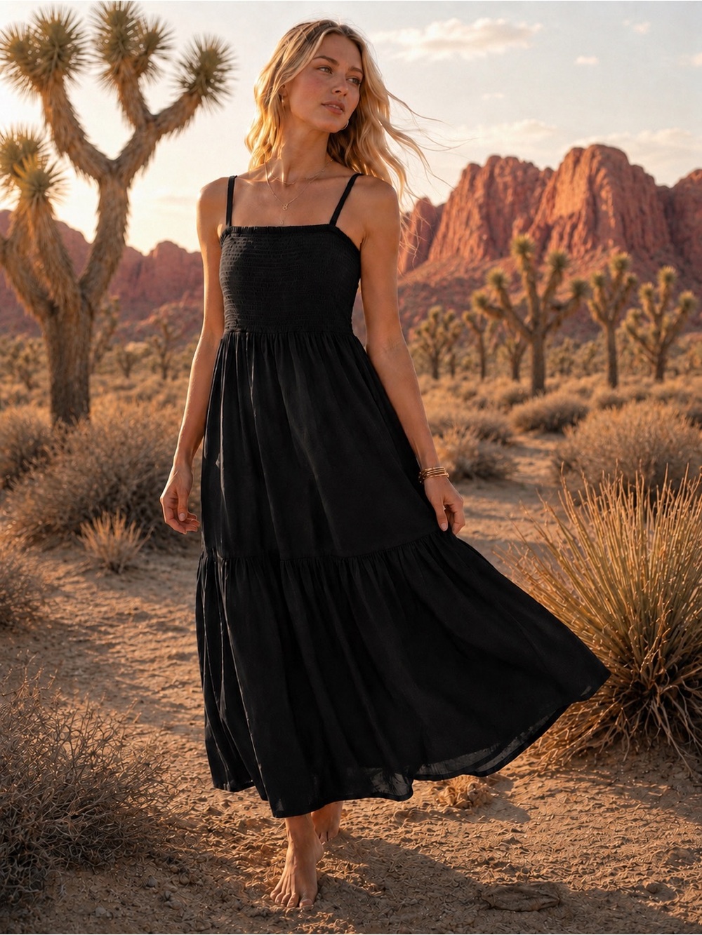J.Crew Black Smocked Cotton Tiered Maxi Dress Adjustable - Straps - Size LP